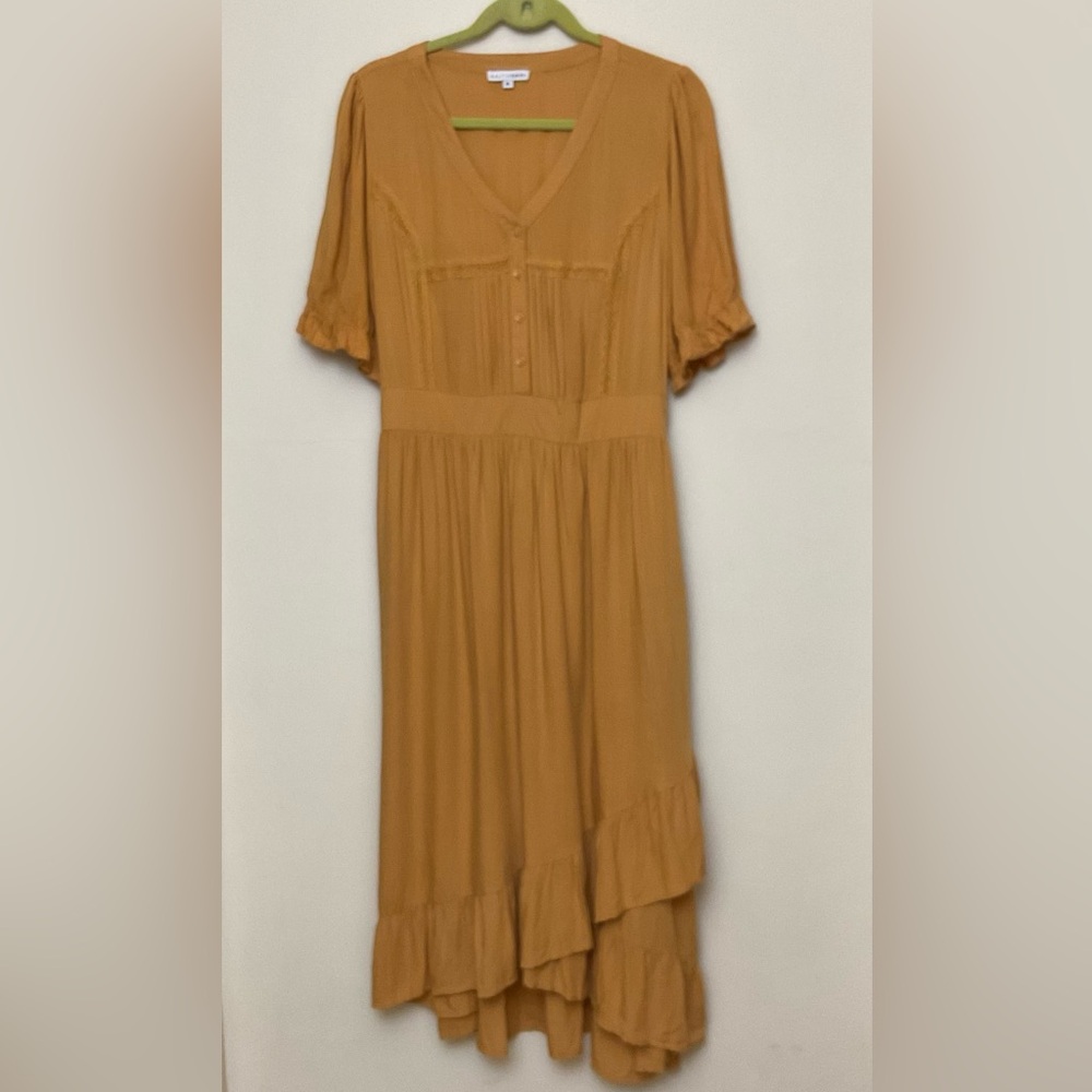 Baltic Born Ruffled High Lo Midi Dress w/ Crochet Accent Mustard Yellow XL